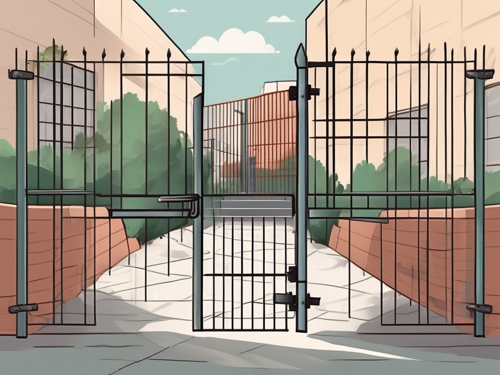 A school in the backdrop with various barriers such as a wall