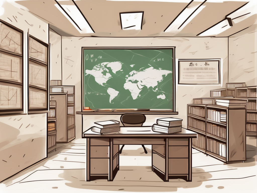 A classroom setting with scattered books