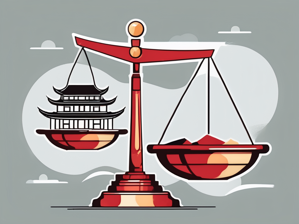 A balance scale with one side holding a graduation cap (representing the ipgce) and the other side holding iconic chinese elements like the great wall or a pagoda