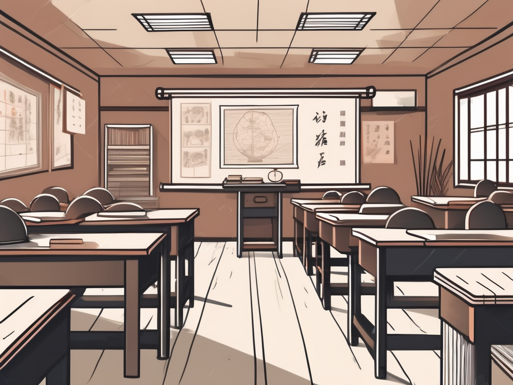 A traditional chinese classroom with various teaching tools and elements symbolizing issues like language barriers