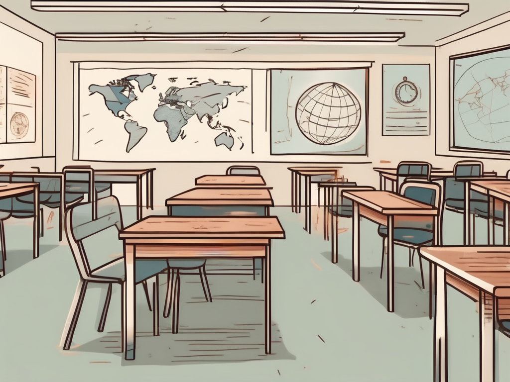 A classroom with empty desks and chairs