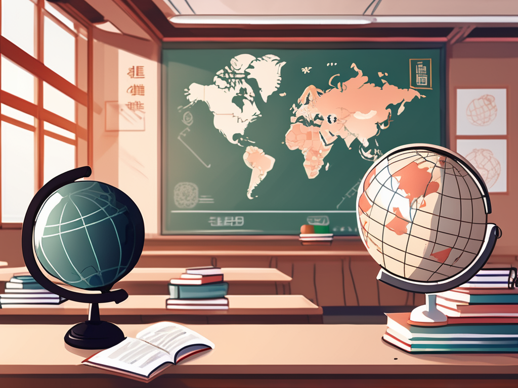 A classroom setting in china with various language learning resources like headphones