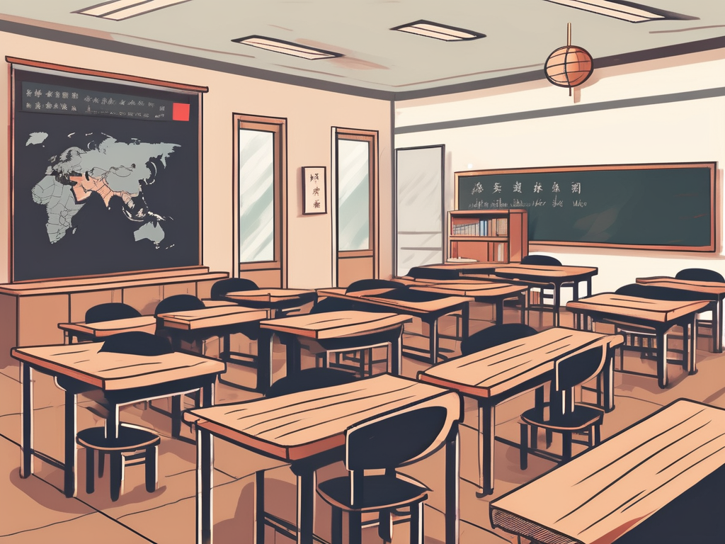 A classroom setting in china with a chalkboard