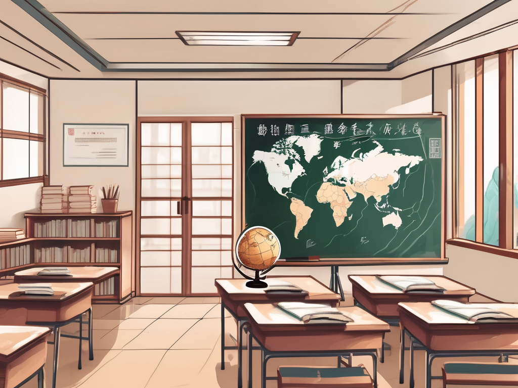 A classroom setting in china with various teaching tools like a globe