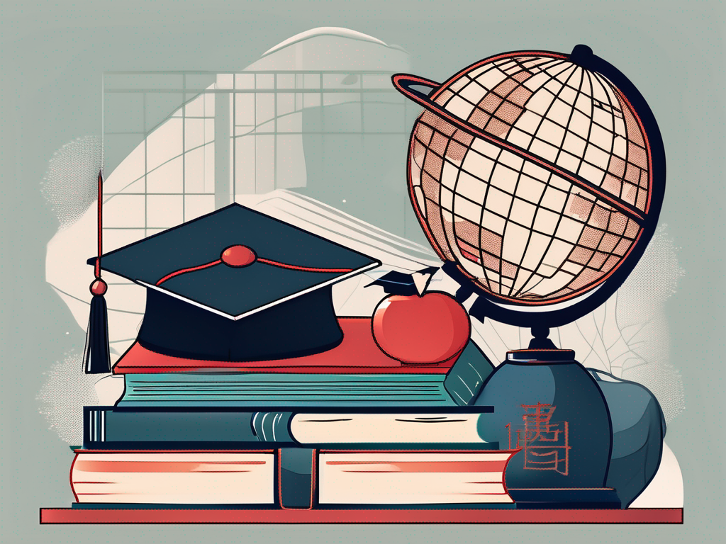 A traditional chinese school setting with a parent's shadow subtly integrated into educational elements like books