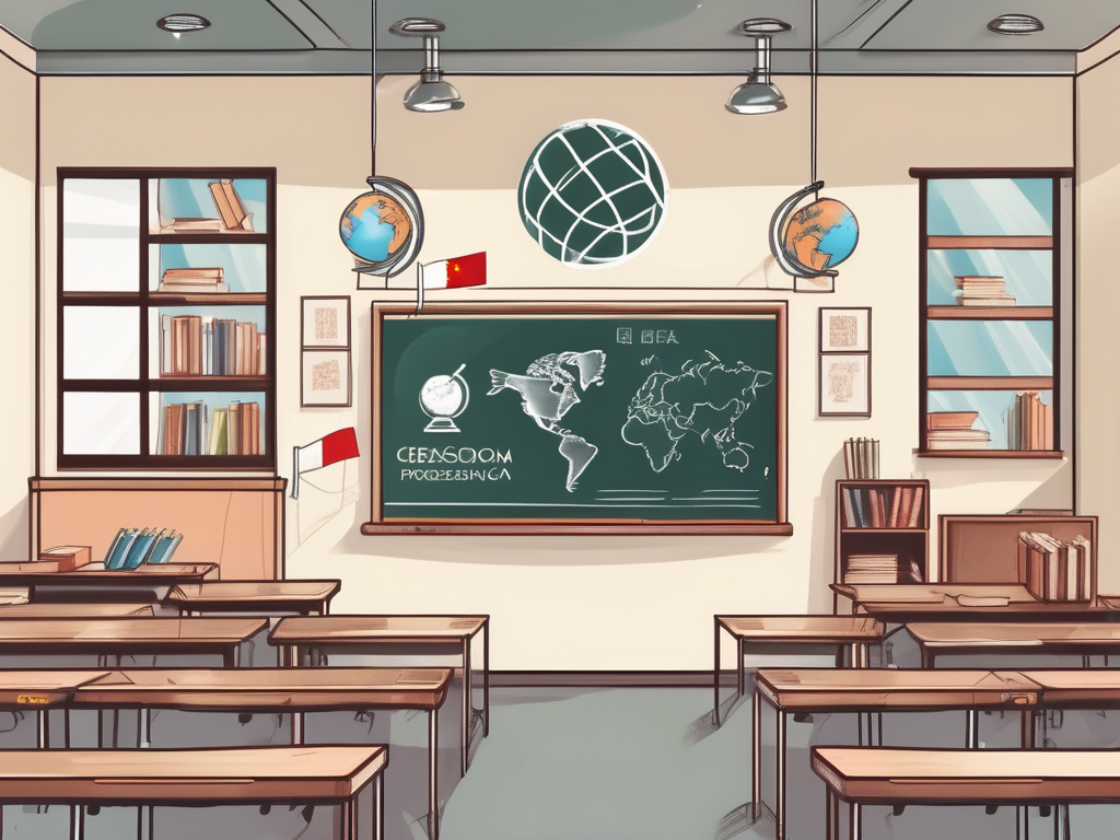 A classroom scene in china with a chalkboard displaying a ladder symbolizing career progression