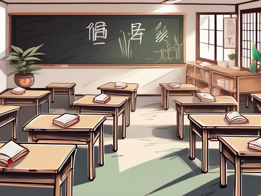 A classroom setting in china with a chalkboard