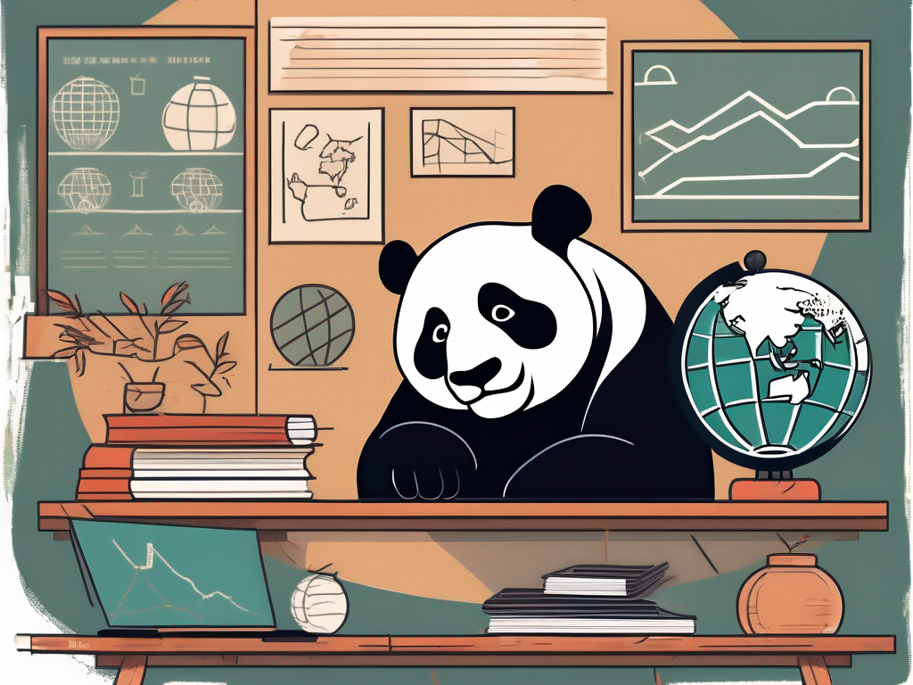 A classroom setting with iconic symbols from china such as the great wall and a panda