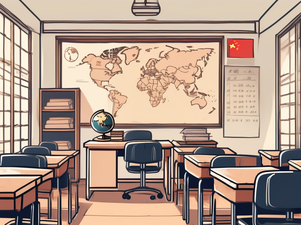 A classroom setting in china with an empty teacher's desk and chair