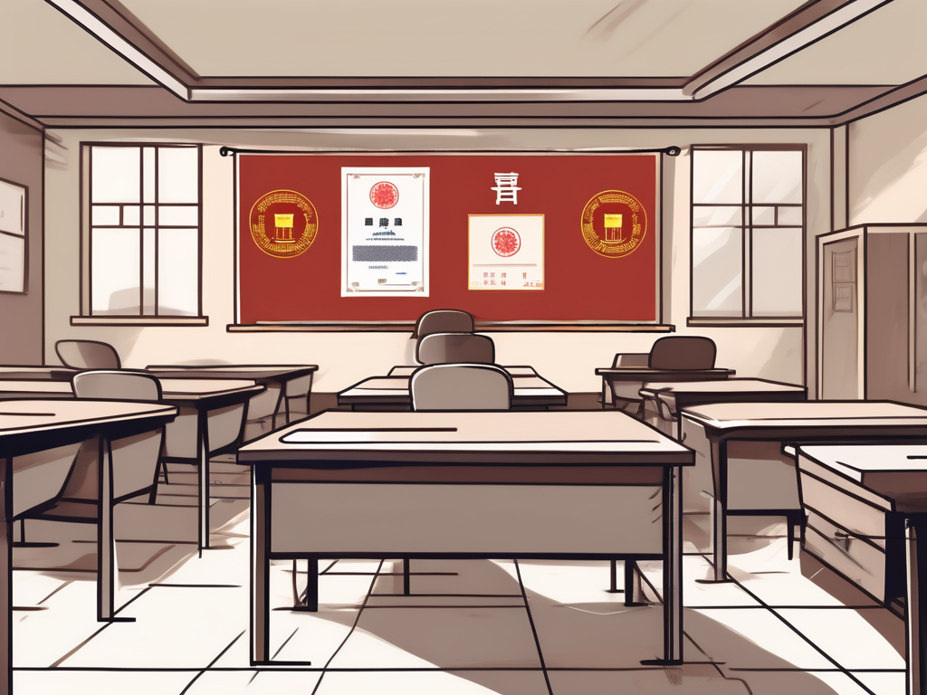 A classroom setting with a board displaying chinese symbols