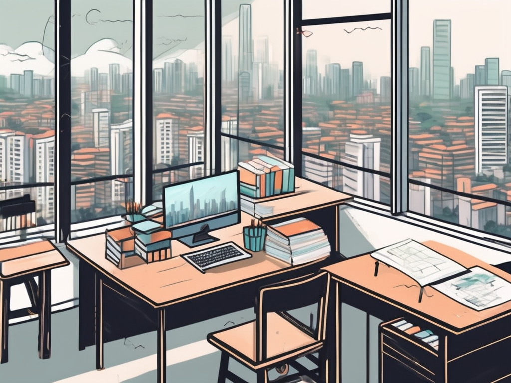 A classroom setting in china with a desk full of teaching materials and a view of the cityscape from the window