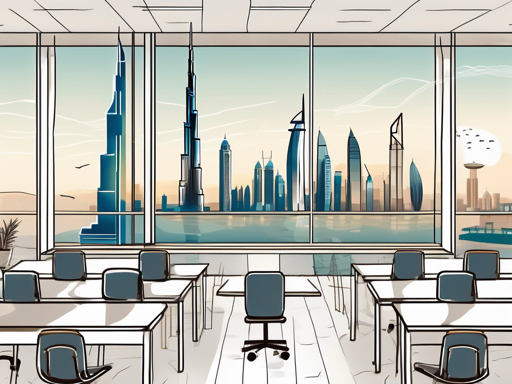 A classroom setting with a view of dubai's skyline in the background
