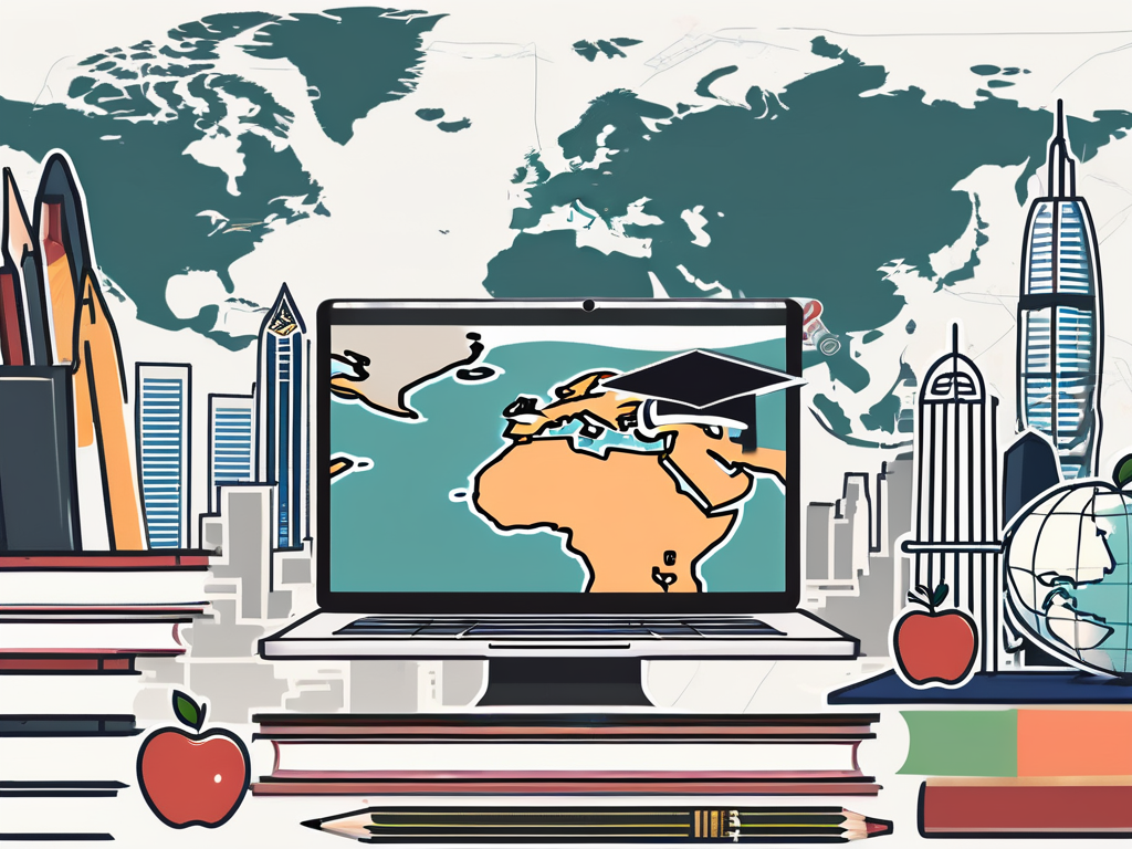 A laptop displaying a global map