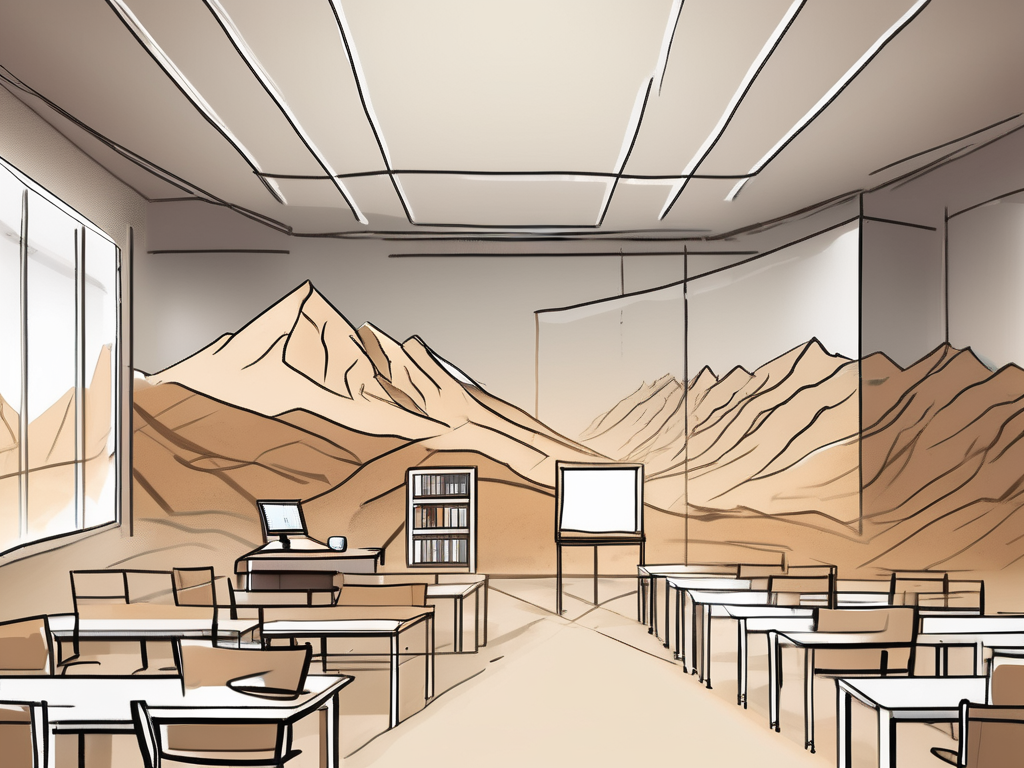 A classroom setting in dubai with diverse educational tools and elements symbolizing challenges such as a broken compass for navigation difficulties