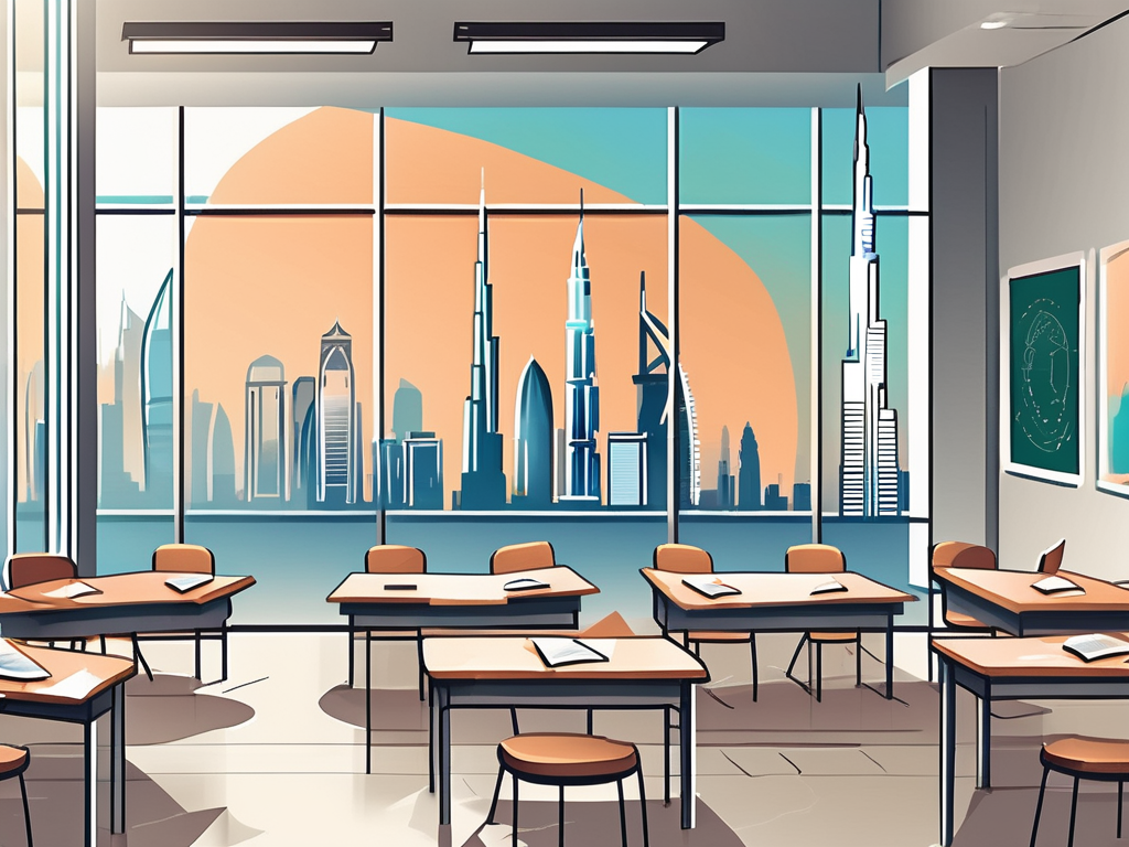 A classroom setting with a view of dubai's skyline in the background