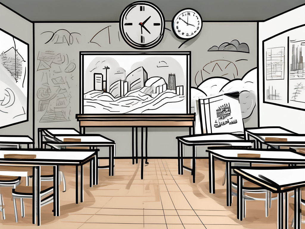 A classroom setting in dubai with various symbolic elements representing challenges such as a locked book (limited resources)