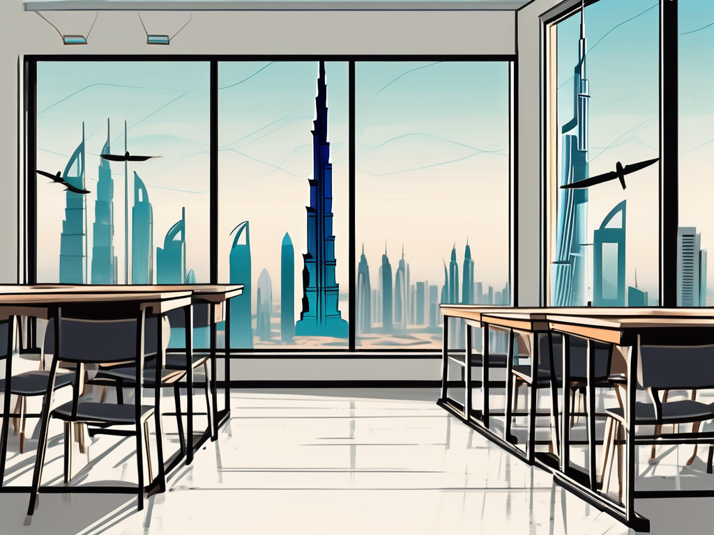 A classroom setting in dubai with various teaching tools like a chalkboard