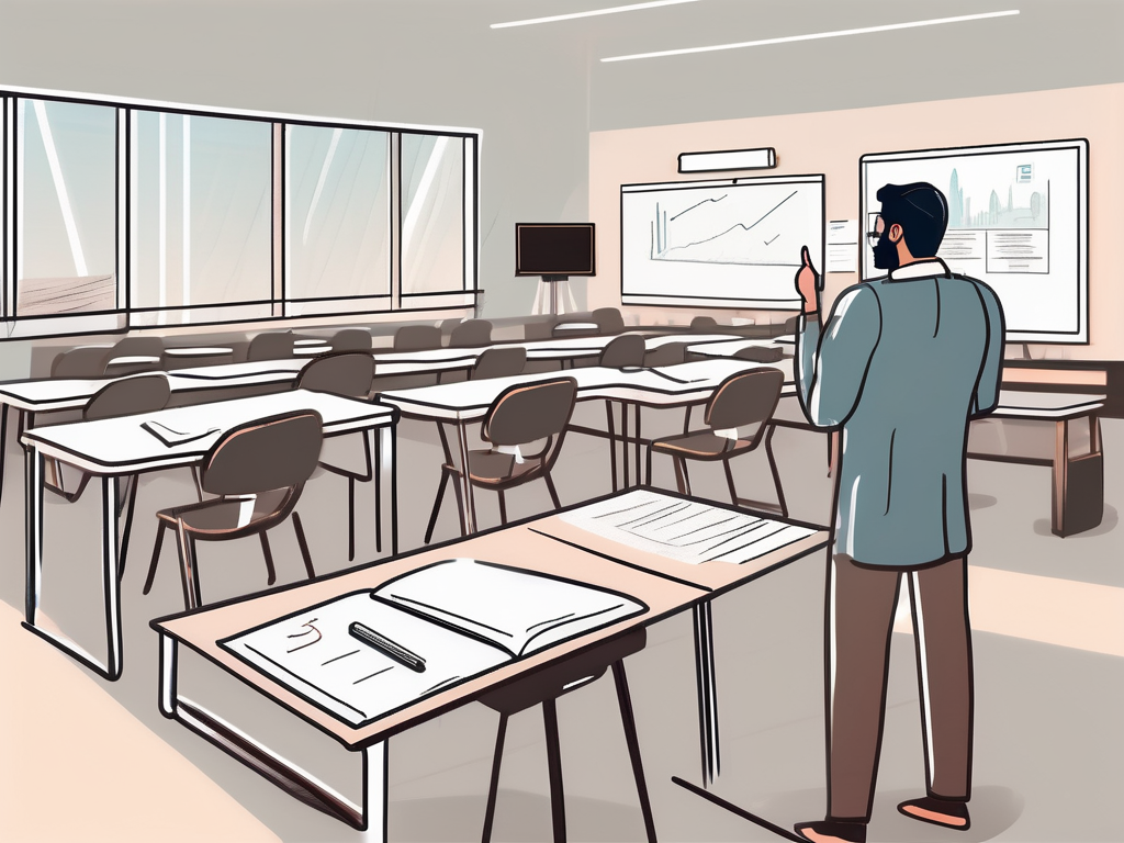 A classroom setting in dubai with teaching materials and an interview setup