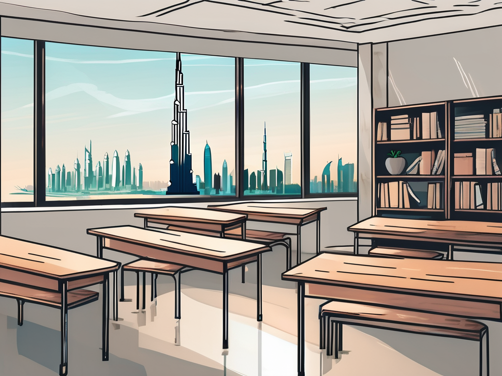 A classroom setting with a view of dubai's skyline