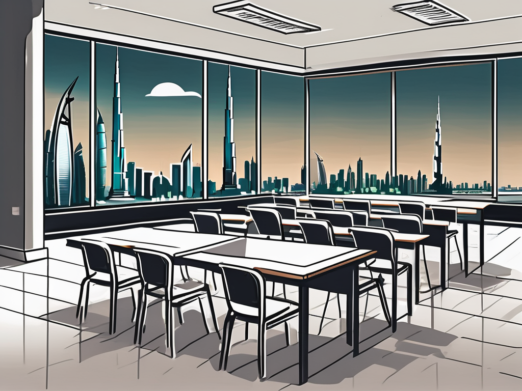 A classroom setting with empty chairs and desks