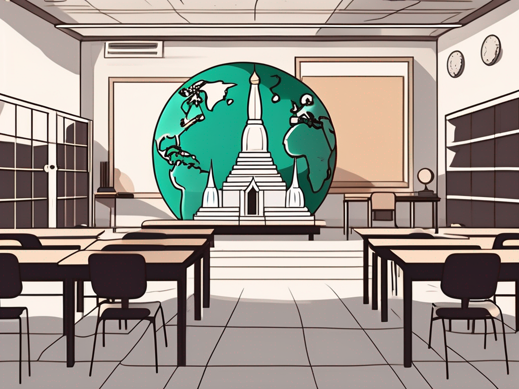 A classroom with empty chairs and desks