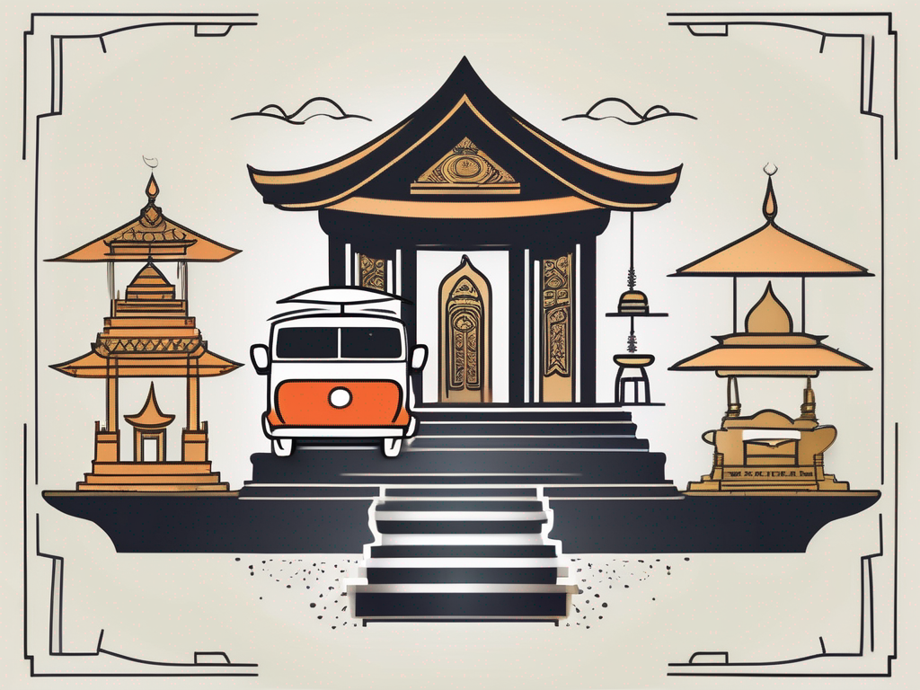 A balanced scale with iconic thai elements like a tuk-tuk and a temple on one side