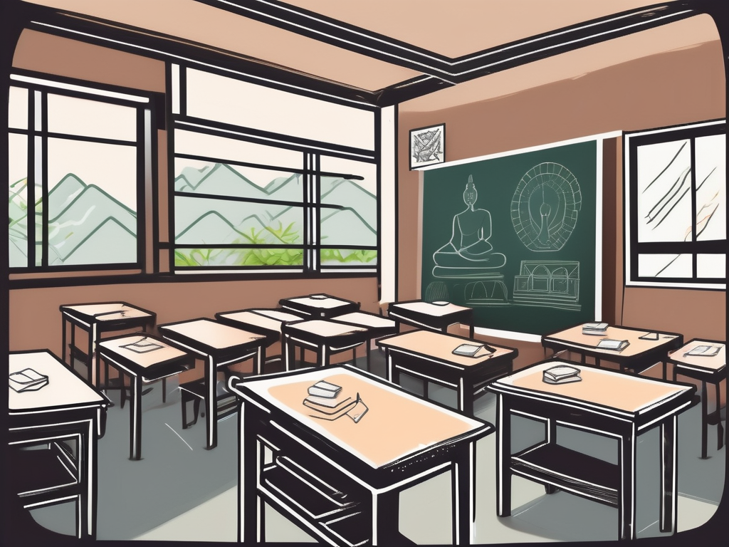 A classroom setting in thailand with a chalkboard