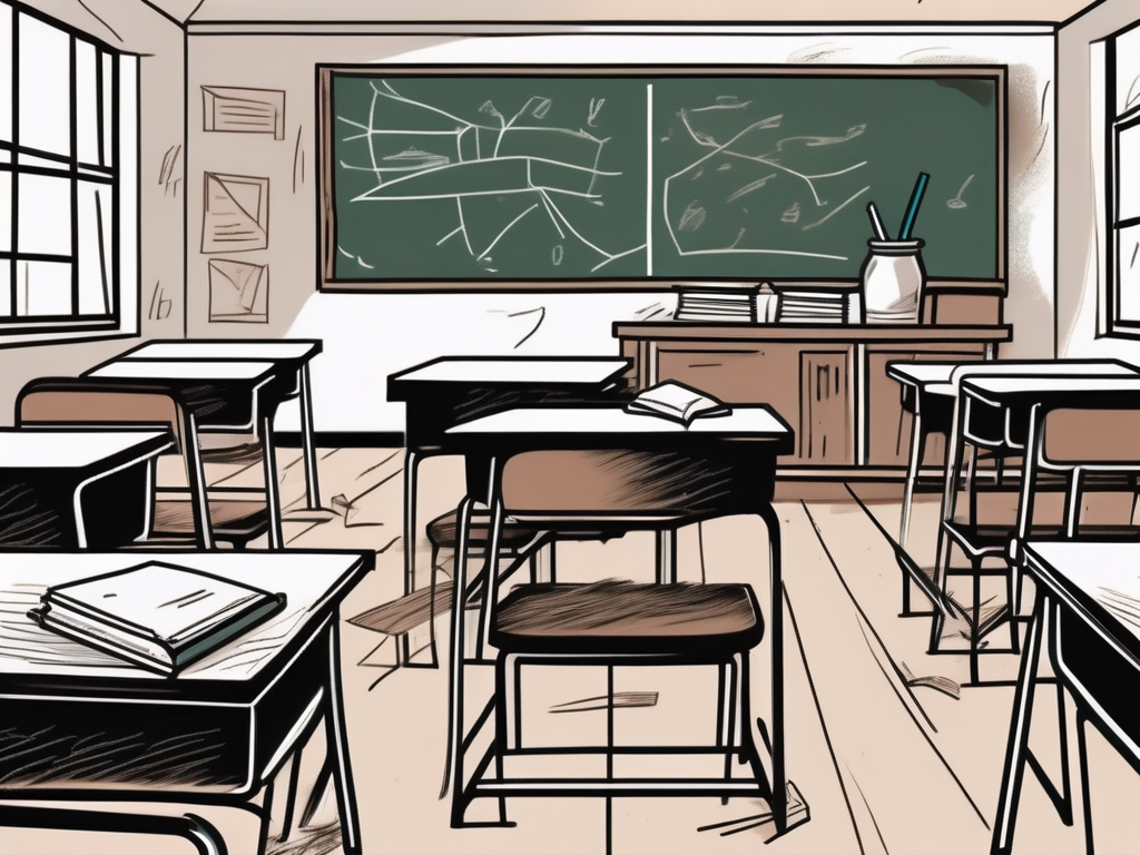 A classroom setting with empty desks and chairs