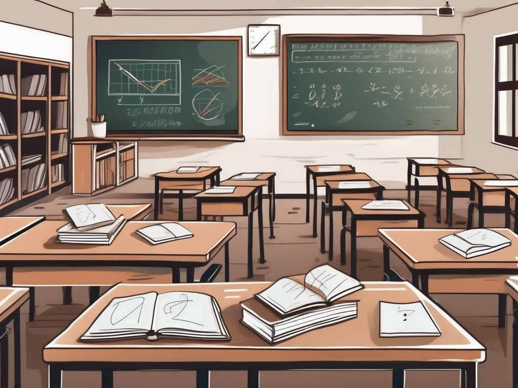 A classroom setting in thailand with scattered books and teaching materials