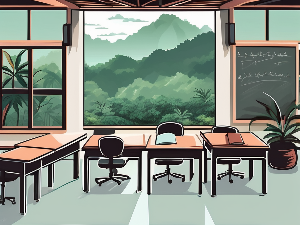 A scenic malaysian classroom overlooking a lush tropical landscape