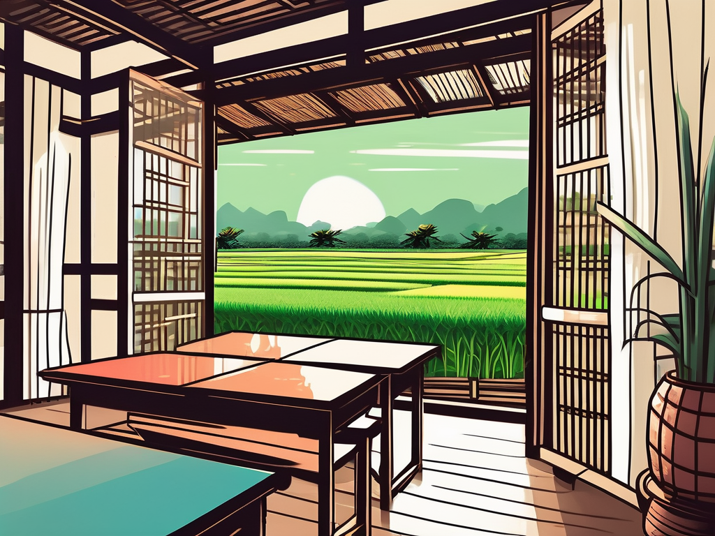 A vibrant vietnamese classroom setting with local elements like traditional lanterns