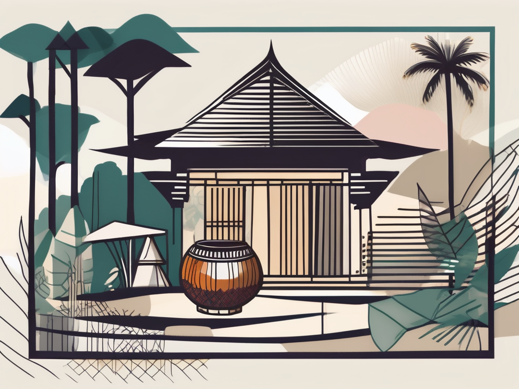 Four distinct elements representing the arts and humanities in malaysia such as a traditional malay house