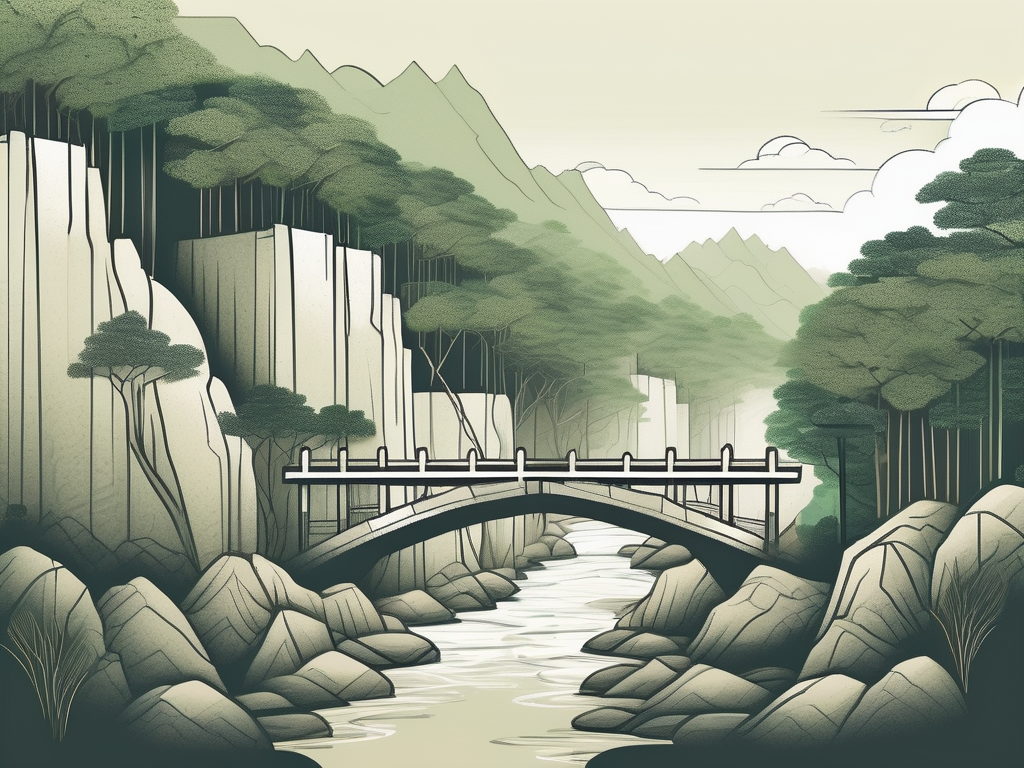 A vietnamese landscape with a series of six symbolic barriers such as a closed gate