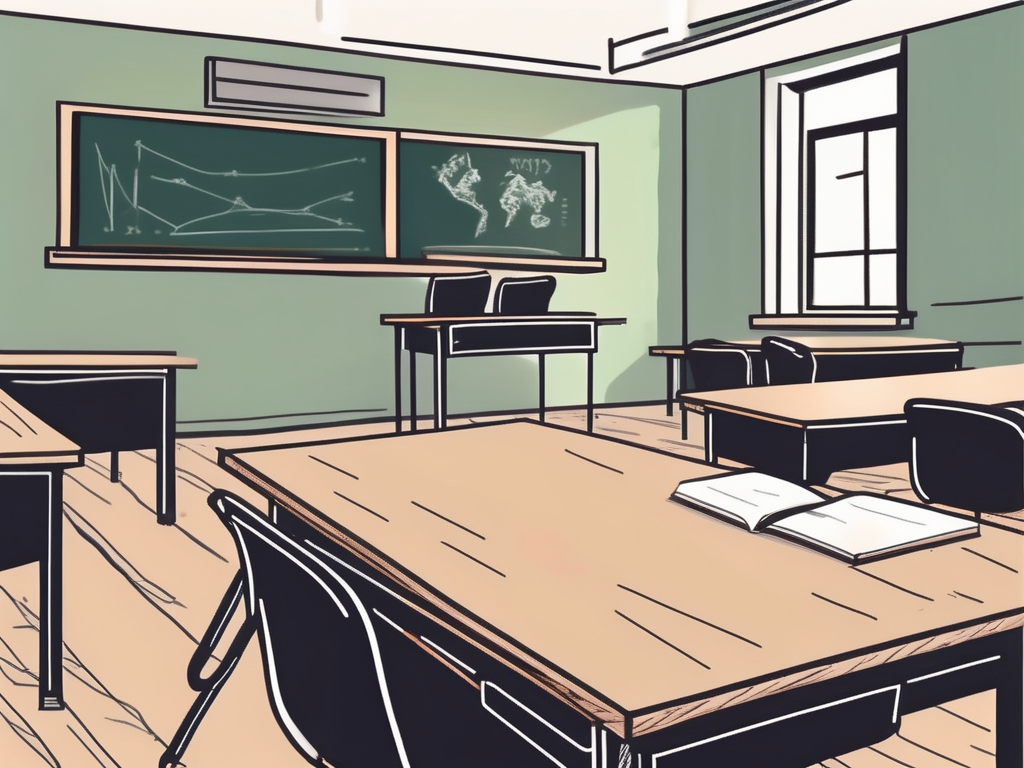 A classroom setting with an empty teacher's desk