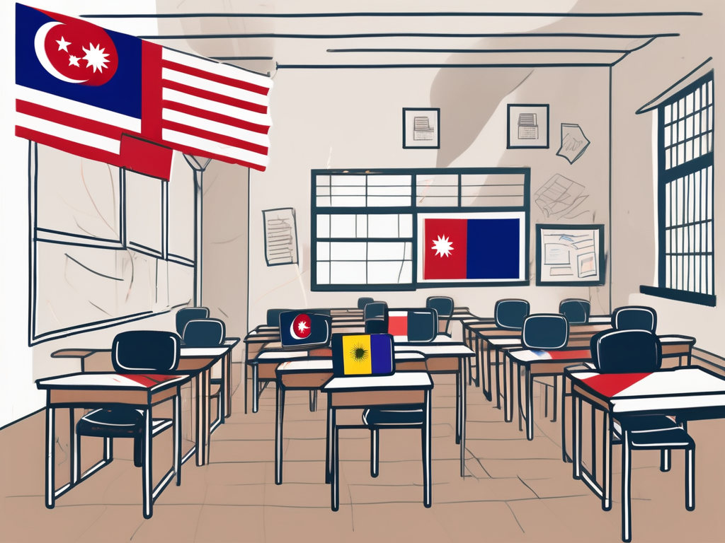 A malaysian public school with various national flags fluttering in the foreground