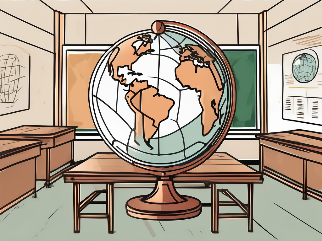 A vietnamese public school with a globe and various educational symbols