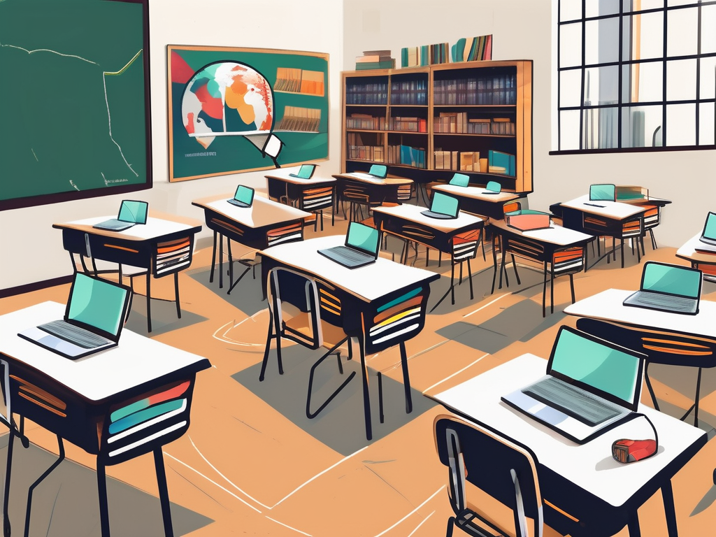 A diverse array of school desks