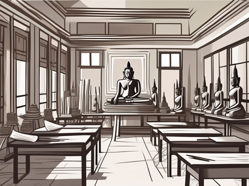 A traditional cambodian classroom with art supplies like paintbrushes