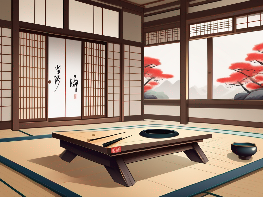 A traditional japanese classroom with artistic and humanities-related items such as a calligraphy brush
