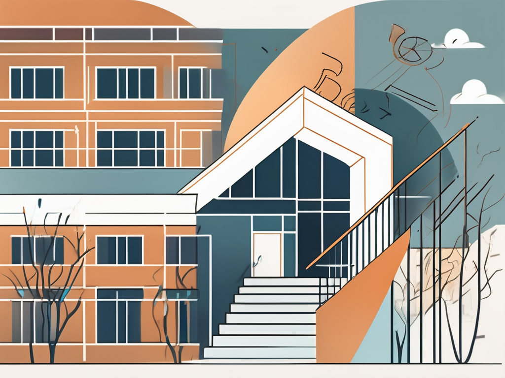 A school building surrounded by diverse cultural symbols