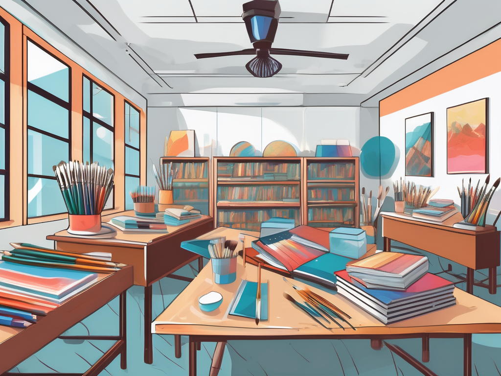 A vibrant classroom filled with various art tools like paintbrushes