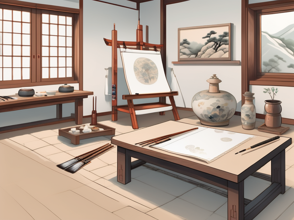 A traditional south korean classroom setting with art tools like paintbrushes