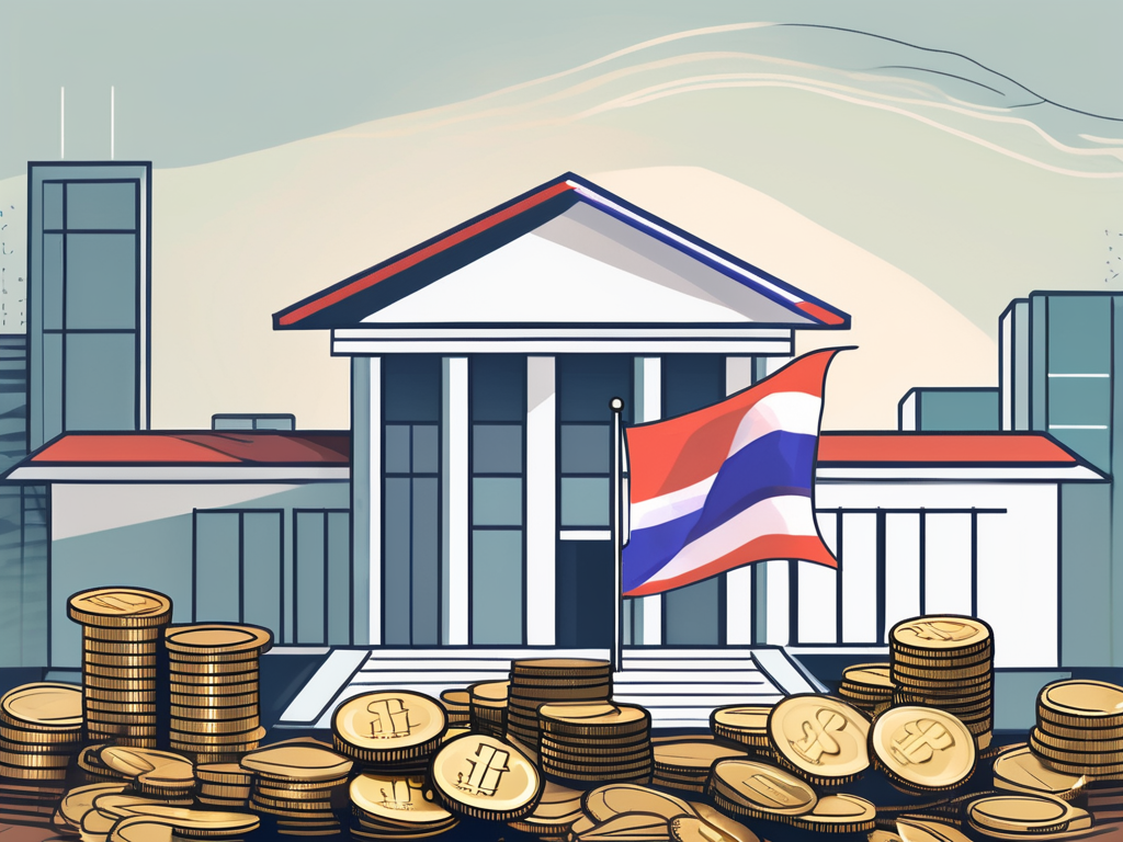 A school building with a thai flag on top and a pile of coins in the foreground