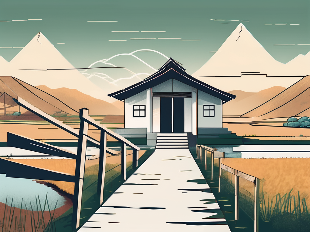 A schoolhouse with a pathway leading towards it across a rural vietnamese landscape