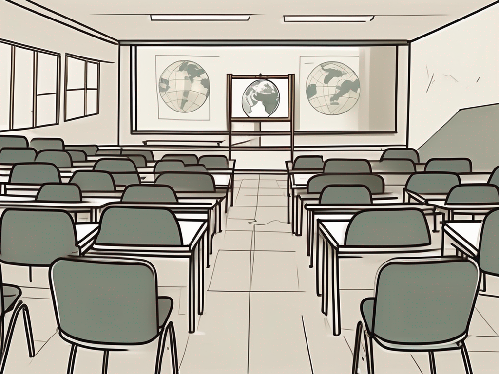 A classroom setting with empty chairs and desks