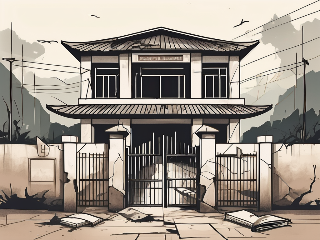 A crumbling school building with a backdrop of vietnam's landscape