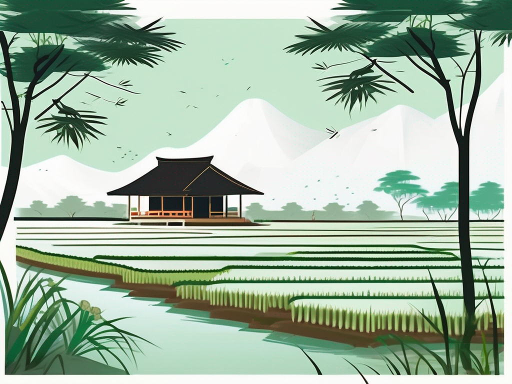 A serene vietnamese landscape featuring a traditional classroom