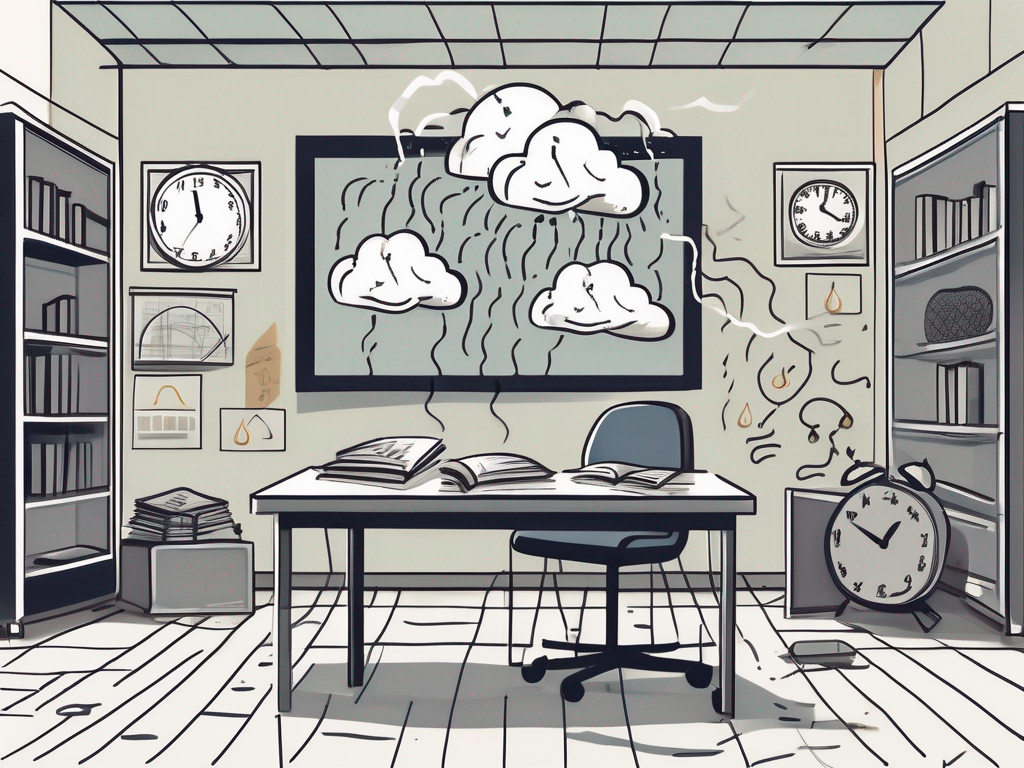 A classroom scene in malaysia with various symbols representing common issues such as a broken clock (time management)