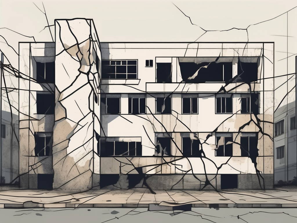 A crumbling school building with six visible cracks