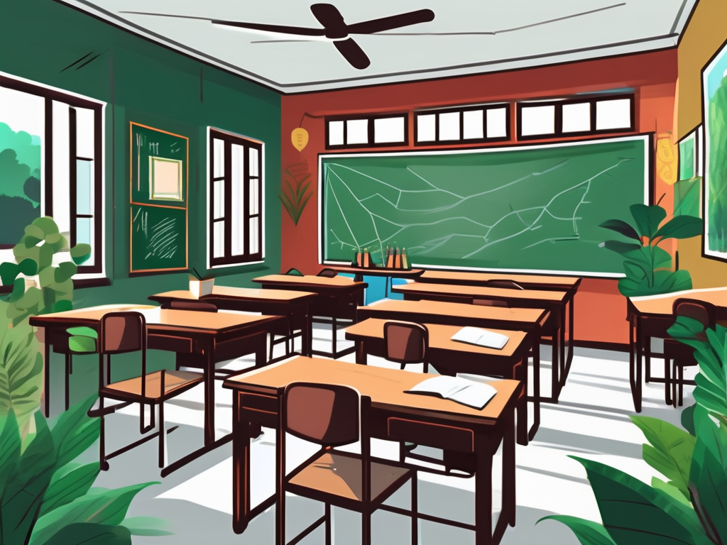 A classroom setting in vietnam with a chalkboard